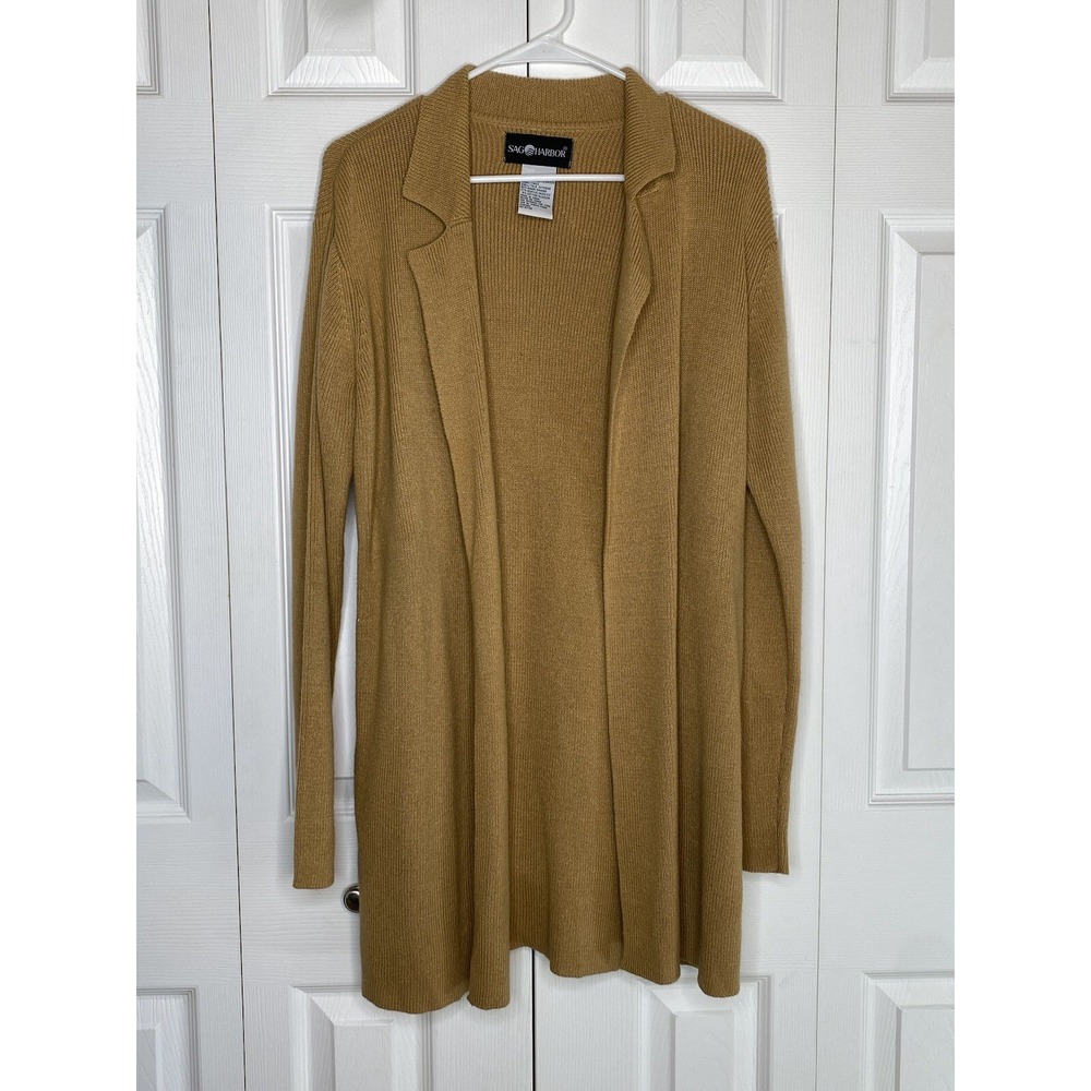 Sag Harbor Cardigan Sweater Open Front Belt Ribbed Knit Thigh Camel Brown Sz S